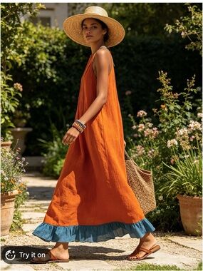 Orange & Blue Halter Neck Pleated Maxi Dress With Ruffle Hem - oklora Size L